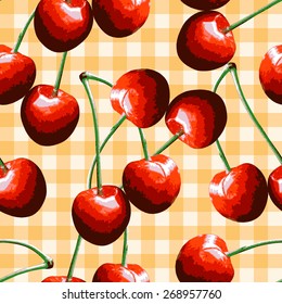 Sweet summer cherries seamless vector pattern, wallpaper, background on checked background