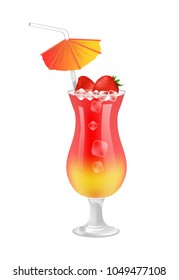 Sweet summer cocktail with strawberries. Drink that has berry taste with straw and umbrella. Alcohol cocktail in decorative glass vector illustration.
