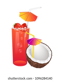 Sweet summer cocktails with strawberries or in coconut. Berry taste drink, straw and umbrella. Alcohol refreshing beverages vector illustrations set.