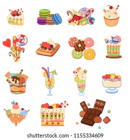 Sweet summer composition vector collection - cute ice cream, watermelon, donuts, ice cream, cocktail, popcicle, candy, chocolate, cake, pencake, cupcake, waffles, lollipop. Vector illustrations set.