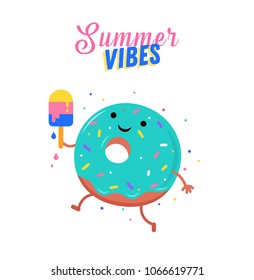 Sweet summer - cute donut cartoon character with ice cream. Pool, sea and beach summer sun activities concept vector illustrations series.