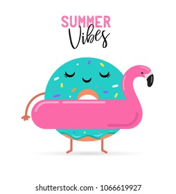 Sweet summer - cute donut character with flamingo float. Pool, sea and beach summer fun activities concept vector illustrations