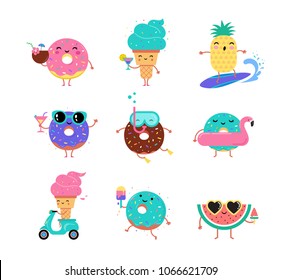 Sweet summer - cute ice cream, watermelon and donuts characters make fun. Pool, sea and beach summer activities concept vector illustrations Sweet summer - cute ice cream, watermelon and donuts characters make fun. Pool, sea and beach summer activities concept vector illustrations