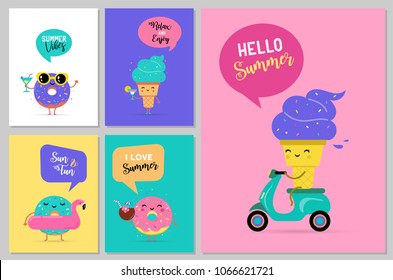 Sweet summer - cute ice cream, watermelon and donuts characters make fun. Pool, sea and beach summer fun activities concept vector illustrations