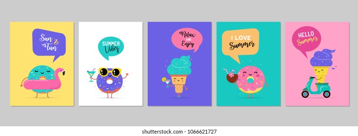 Dulce verano - los personajes adorables de helados, sandías y donuts se divierten. Ilustraciones vectoriales del concepto de actividades veraniegas de piscina, mar y playa