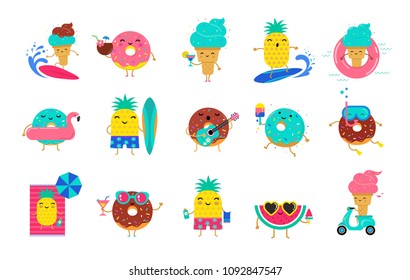 Dulce verano - los personajes adorables de helados, sandías y donuts se divierten. Ilustraciones vectoriales del concepto de actividades veraniegas de piscina, mar y playa