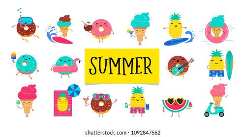 Sweet summer - cute ice cream, watermelon and donuts characters make fun. Pool, sea and beach summer activities concept vector illustrations