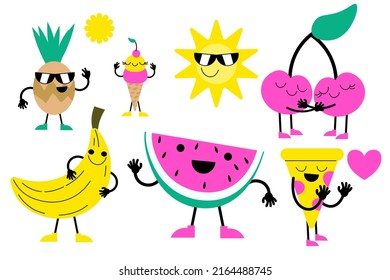 Dulce verano - helado lindo, pizza de sandía y personajes de frutas se divierten. Actividades veraniegas de piscina, mar y playa ilustraciones vectoriales EPS