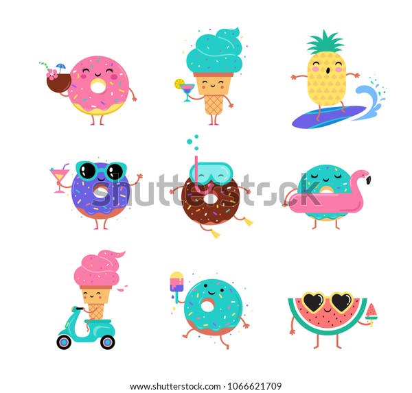 甘い夏 かわいいアイスクリーム スイカ ドーナツのキャラクターが楽しみます プール 海 海岸の夏の活動のコンセプトベクターイラスト のベクター画像素材 ロイヤリティフリー 1066621709