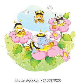 Dulce celebración del día de verano: Kawaii Lindos animales de dibujos animados - zorro, pollo, gato, elefante vestido como abejas en busca de miel en flores - Ilustración vectorial aislada sobre fondo blanco