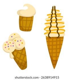  Sweet summer delicacy sundaes,gelatos with different tasties,collection isolated ice-cream cones and popsicle with different topping.Vector illustration for web,design, print.