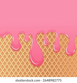 Sweet summer dessert background with strawberry pink icing melting over crispy waffle texture. Vector illustration perfect for packaging, banners, menu design and posters.
