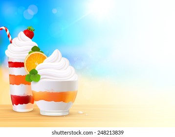 Sweet summer desserts on blurred seascape background, vector illustration