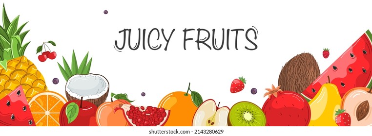 Sweet summer fruits and mixed berries. Watermelon, banana, pineapple, strawberry, orange, coconut, apple, peach, currant, raspberry, watermelon, kiwi. Vector banner.