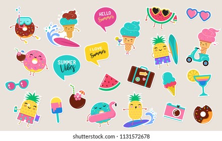 Sweet summer fun - cute ice cream, watermelon, pineapple and donuts sticker illustrations, vector design