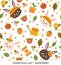 Sweet summer garden bunny seamless vector pattern. Cute brown and white rabbits with sun hat, flowers, apples, leaves, watering can, flowerseeds, strawberries and plant pots. 