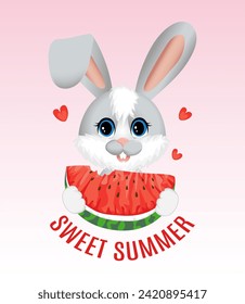 Sweet Summer. Greeting postcard. Little cute rabbit or hare is eating a slice of waterlemon on white and pink background.