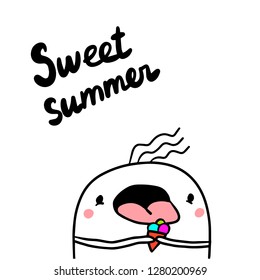 Sweet summer hand drawn illustration with cute marshmallow eating ice-cream