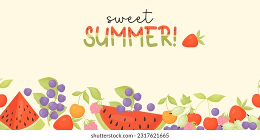 Sweet summer. Horizontal seamless border background with summer berries and lettering with watermelon pattern. Vector illustration. Banner in cartoon style for design, decoration, cards and printing.