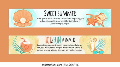 Sweet summer hot and fun, sweet summer and text sample, shell with pearl, cocktails and glasses, set coconut vector illustration isolated on orange