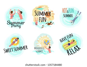 Sweet summer hot and fun vector, man laying on mattress and woman on lifebuoy. Male scuba diving, people swimming in water, person with ball waterpolo