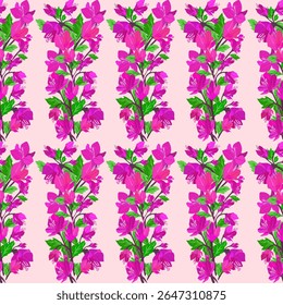Sweet summer meadow violet floral seamless pattern design on pink background. Vector illustration.