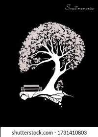 sweet summer memories, bench under the big maple tree,  silhouette of  summer park scene, vector.