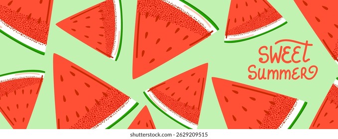 Sweet summer. Minimalistic abstract pattern watermelon slice on green background for poster, banner, flyer or summer design