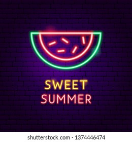 Sweet Summer Neon Label. Vector Illustration of Watermelon Promotion.