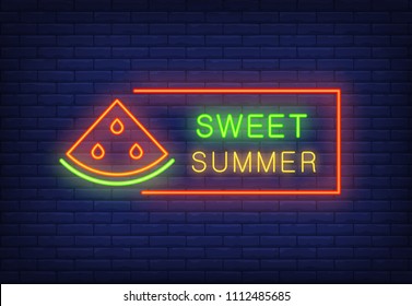 Sweet summer neon text in frame with watermelon slice. Seasonal offer or sale advertisement design. Night bright neon sign, colorful billboard, light banner. Vector illustration in neon style.