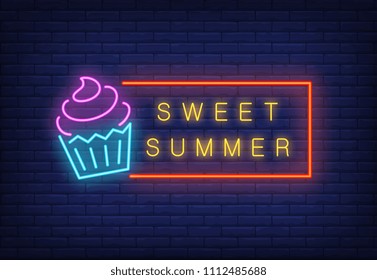 Sweet summer neon text in frame with ice-cream. Seasonal offer or sale advertisement design. Night bright neon sign, colorful billboard, light banner. Vector illustration in neon style.