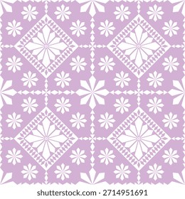 Un patrón de verano dulce con flores de varios pétalos enmarcadas en diamantes, rodeado de pequeñas flores dispersas sobre un fondo rosa pastel y púrpura, acentuado con líneas cuadradas geométricas para una sensación suave junto al mar