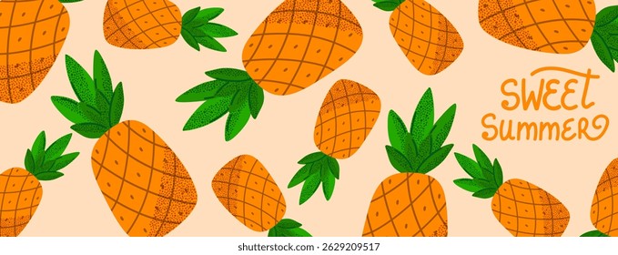Sweet summer. Pineapple fruits pattern on pink background for poster, banner, flyer or summer design