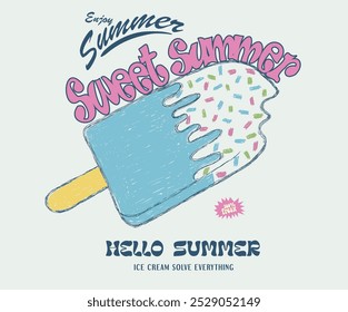 Sweet summer. Popsicle design. Fresh ice cream graphic print design for t shirt, apparel, posters, background and others. Retro ice cream hand drawn vector art, Enjoy summer with sweet ice cream. 