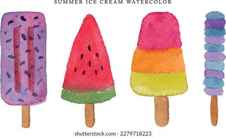 Sweet Summer Popsicle Ice Cream Watercolor Illustration