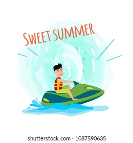 Sweet summer poster man on jet ski having fun at summertime, male riding on water scooter vector illustration isolated on white in splashes