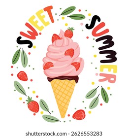 Sweet summer print with strawberry ice cream. Cartoon card with cool dessert in waffle cone, fruit slices, leaves and handwritten. Pink, red, yellow, brown colors on white. Vector illustration