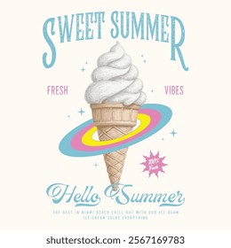 Sweet summer, Retro ice cream hand drawn vector art, Enjoy summer with sweet ice cream, ice cream graphic print design for t shirt, apparel, posters, background and others. t shirt design woman