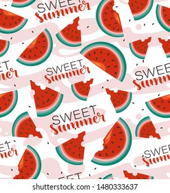 Sweet summer and ripe watermelons. Seamless pattern with slices of juicy watermelons. Background image for a thematic site, textile, shop, packaging design.