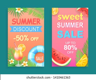 Sweet summer sale discount vector. Posters set with alcoholic cocktail beverage price reduction, watermelon and pineapple with citrus orange fruit