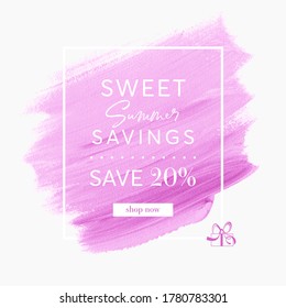Sweet Summer Savings Sale 20% off sign over pink  watercolor art brush stroke paint abstract background vector. Perfect acrylic design for a shop banner.