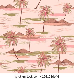 Sweet summer seamless island pattern Landscape with colorful palm trees,beach and ocean vector hand drawn style on light pink color background.Design for fashion ,fabric,web,wallpaper and all prints