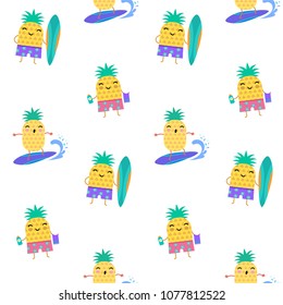 Sweet summer seamless pattern - cute pineapples characters surfing, vector illustrations