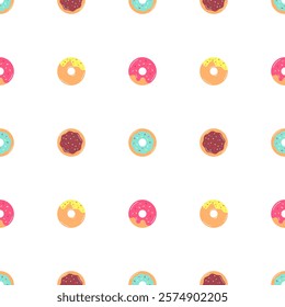 Sweet summer seamless pattern with donuts. Cartoon cute background with doughnuts. Different glaze. Vector illustration for wrapping, banner, poster, menu in the bakery, cover, prints, phone cases