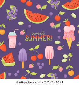 Sweet summer. Seamless pattern with sweet food, berries and fruits, ice cream and cocktail on purple background. Vector illustration in cartoon style.