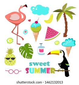 Sweet Summer. Set of design elements tropical leaves, palm, fruits, flamingo, toucan, ice cream 