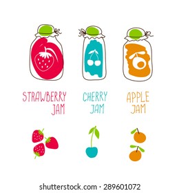 Sweet summer. Set of sweet jams: strawberry, cherry and apple on white background. Vector illustration.