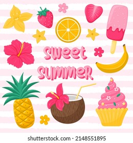 Sweet summer. A square postcard with text and bright summer fruits, sweets and ice cream. Seasonal sweet food, symbols of summer. Vector illustration in a flat cartoon style on a white background