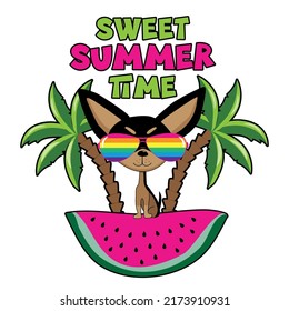 Sweet Summer Time - funny chihuahua dog in watermelon island. Good for T shirt print, poster, card, label, and other decoration.