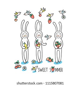 Sweet summer time set. Baby bunny rabbits collect summer fruits and little birds help them. Cute hand drawn animal characters and graphic elements for kids design on white background.